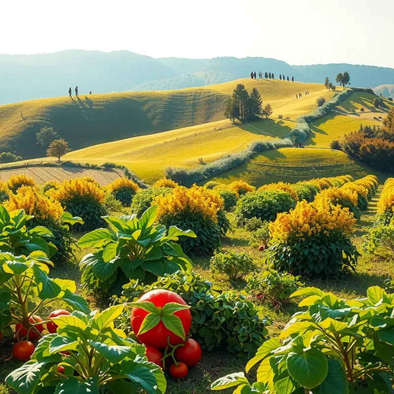 A sunlit field showcasing vibrant vegetables and fruits growing among lush greenery.