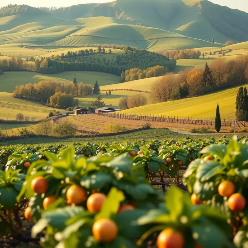 A lush, sunlit orchard filled with vibrant vegetables and fruits.