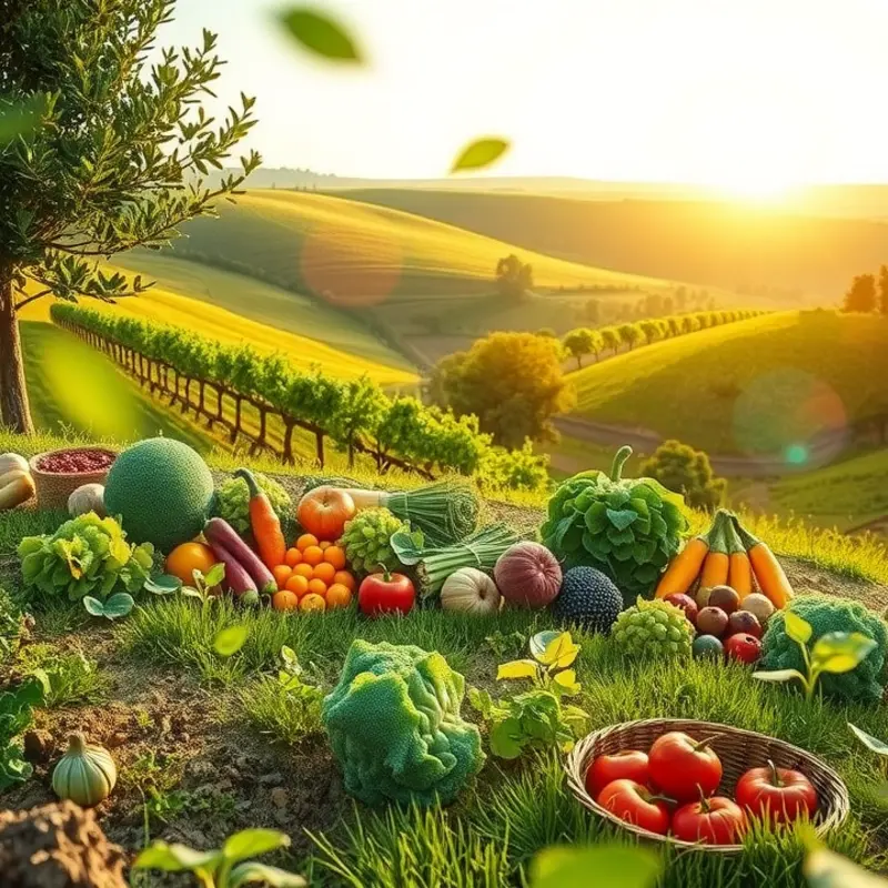 A serene landscape showcasing fresh vegetables and fruits in a natural setting.