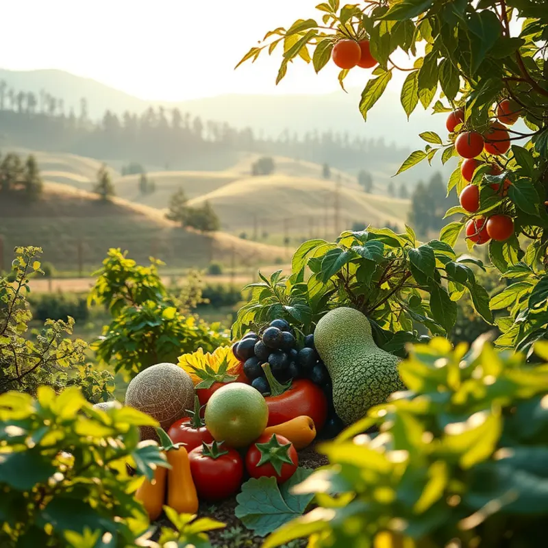 A serene landscape showcasing the abundance of healthy fruits and vegetables amid lush greenery.