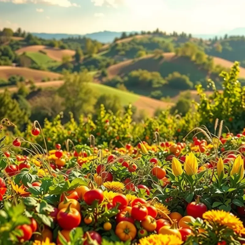 A vibrant field of organic vegetables and fruits basking in the sun.