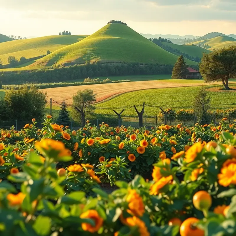 A vibrant sunlit field showcasing a variety of organic fruits and vegetables.