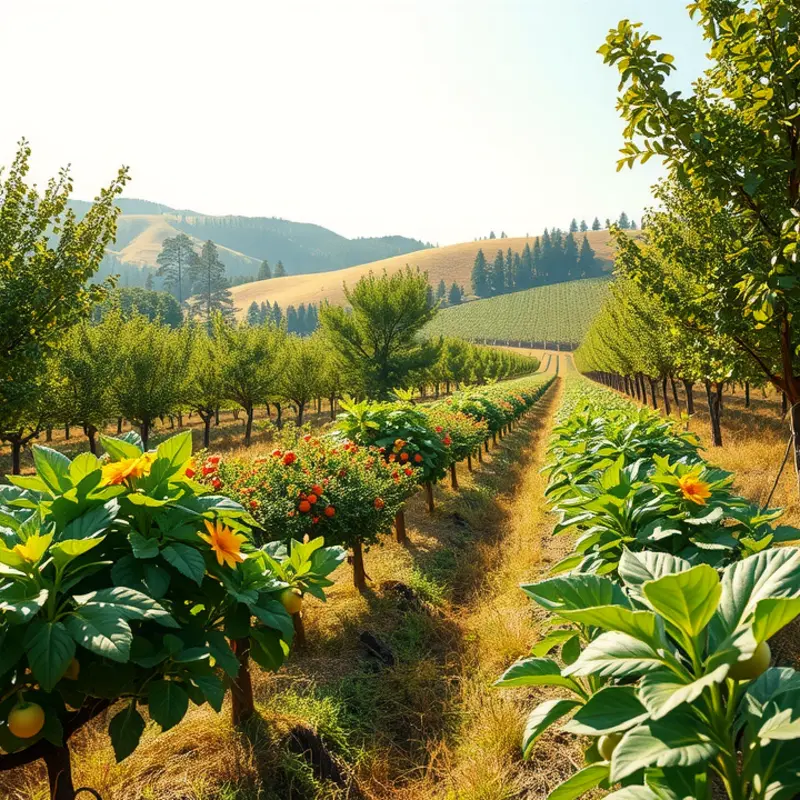 A sunlit orchard showcasing vibrant fruits and vegetables in a lush natural setting.