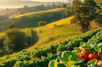 Sunlit landscape with a variety of healthy fruits and vegetables representing nutrition and mental clarity.