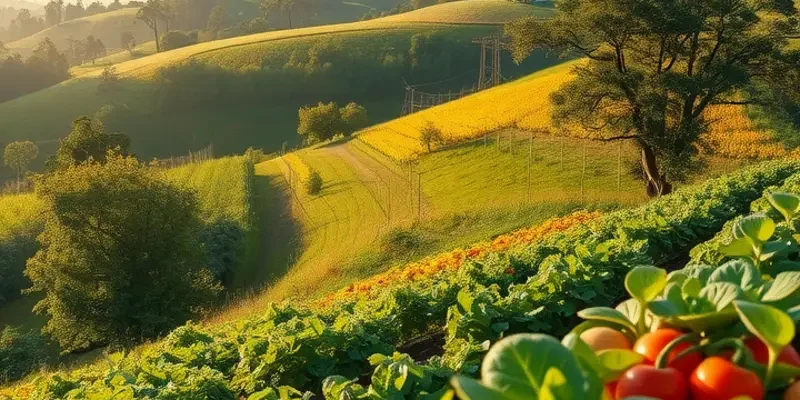 Sunlit landscape with a variety of healthy fruits and vegetables representing nutrition and mental clarity.