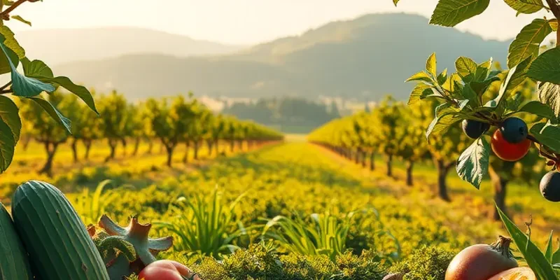 Photorealistic landscape combining natural elements with nutrition-focused imagery.
