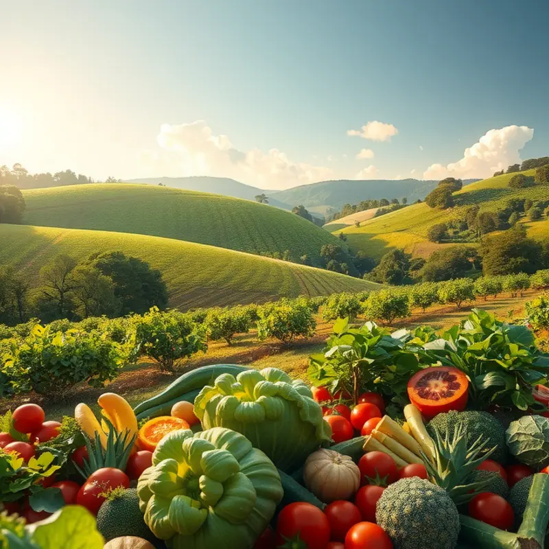 A scenic landscape showcasing vibrant fruits and vegetables in a natural setting.