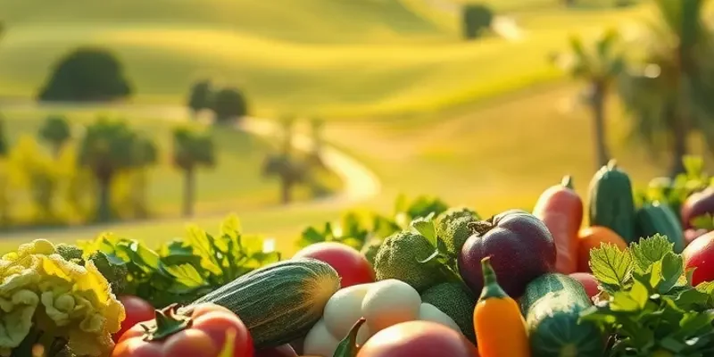 A natural landscape filled with vibrant plants and fruits, emphasizing the theme of healthy nutrition.