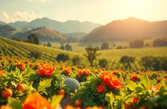 A peaceful landscape showcasing healthy fruits and vegetables in a natural setting.