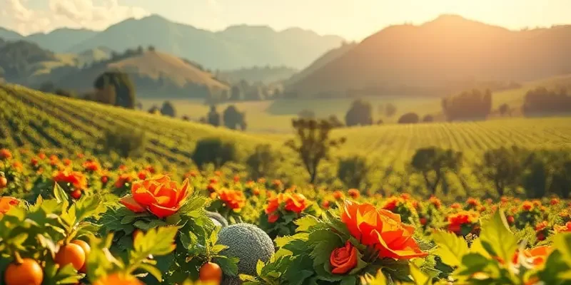A peaceful landscape showcasing healthy fruits and vegetables in a natural setting.