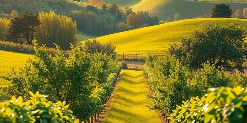 A stunning view of a sunlit field rich in fruit and vegetables, promoting healthy eating.