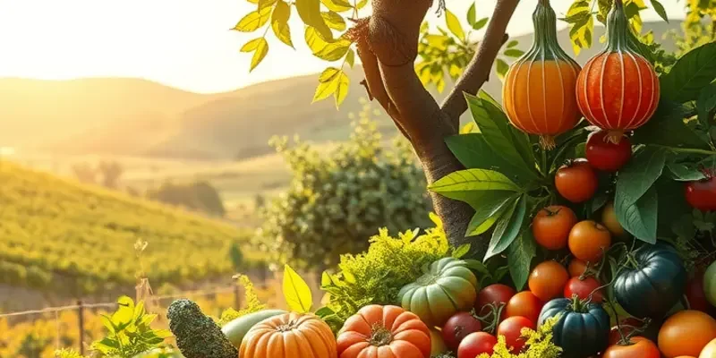 A scenic view of an orchard filled with fresh vegetables and fruits, representing the essence of healthy nutrition.