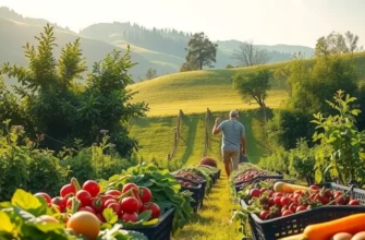 Healthy fruits and vegetables growing in a serene, natural environment.