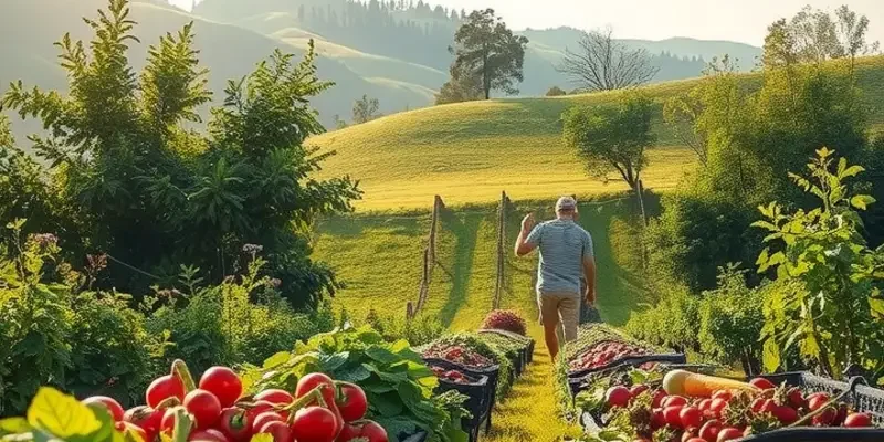 Healthy fruits and vegetables growing in a serene, natural environment.