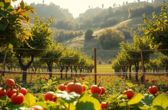 A scenic view of a lush field with an abundance of fresh vegetables and fruits.