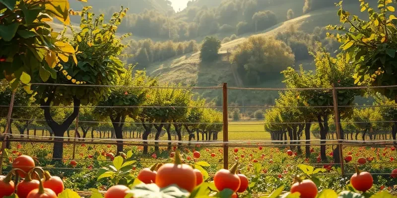 A scenic view of a lush field with an abundance of fresh vegetables and fruits.