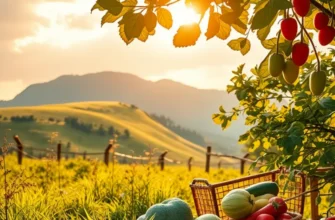 A lush landscape showcasing organic fruits and vegetables, symbolizing healthy living.