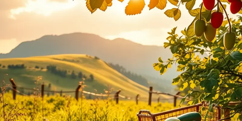 A lush landscape showcasing organic fruits and vegetables, symbolizing healthy living.