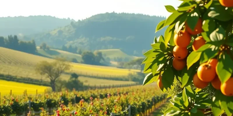 A sunlit field showcasing a variety of fruits and vegetables in a lush environment.