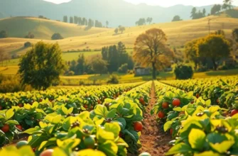 A sunlit landscape showcasing a variety of healthy organic produce.