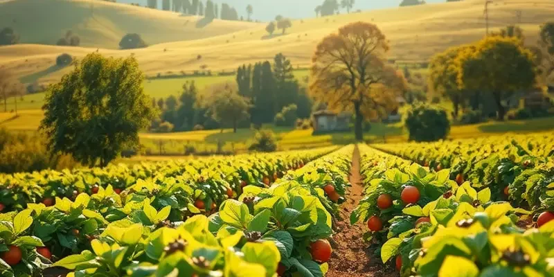 A sunlit landscape showcasing a variety of healthy organic produce.