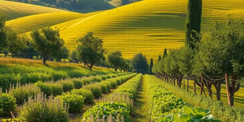 A sunlit field teeming with vibrant vegetables and fruits, exemplifying healthy nutrition.