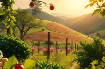 Lush landscape with a variety of vibrant vegetables and fruits growing naturally.
