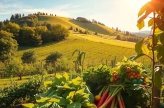 A tranquil sunlit landscape with a rich harvest of fruits and vegetables amongst green hills.