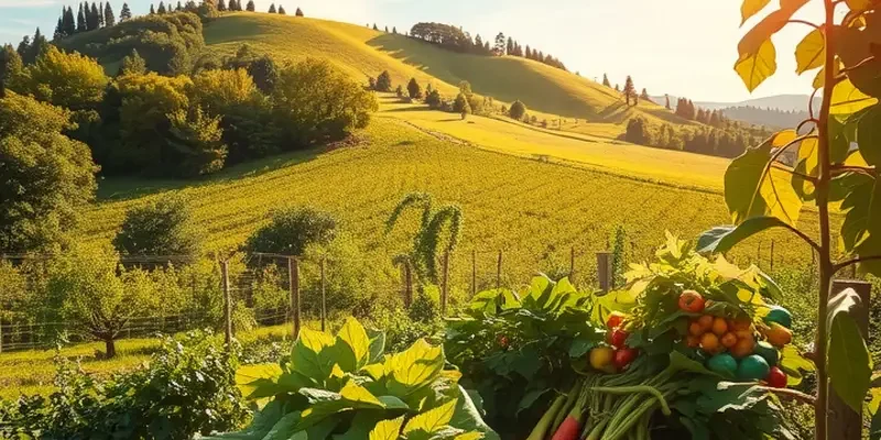 A tranquil sunlit landscape with a rich harvest of fruits and vegetables amongst green hills.