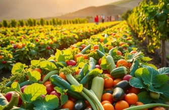A photorealistic landscape showing a variety of fresh vegetables and fruits growing in a sunny natural setting.