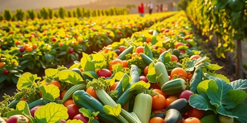 A photorealistic landscape showing a variety of fresh vegetables and fruits growing in a sunny natural setting.
