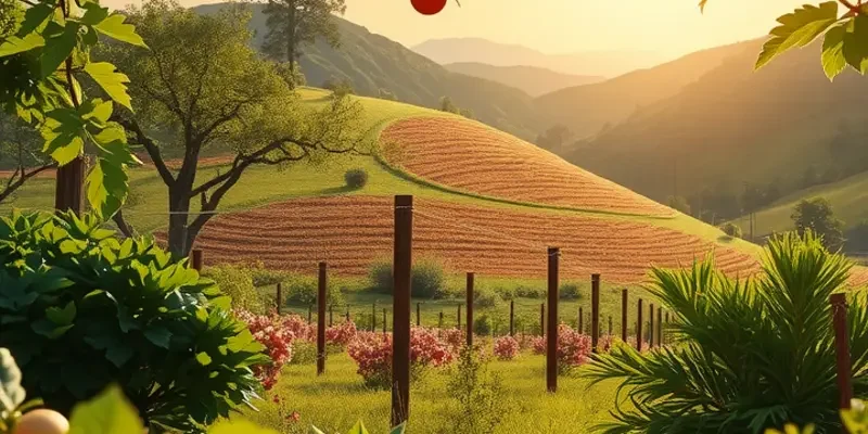 Lush landscape with a variety of vibrant vegetables and fruits growing naturally.