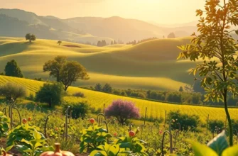A tranquil organic landscape filled with vibrant fruits and vegetables, emphasizing fresh, healthy cooking.