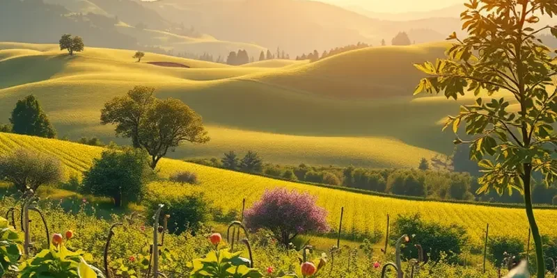 A tranquil organic landscape filled with vibrant fruits and vegetables, emphasizing fresh, healthy cooking.