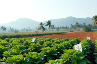 A picturesque landscape filled with a variety of vegetables and fruits under soft sunlight.