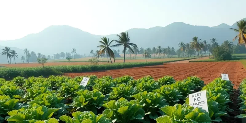 A picturesque landscape filled with a variety of vegetables and fruits under soft sunlight.