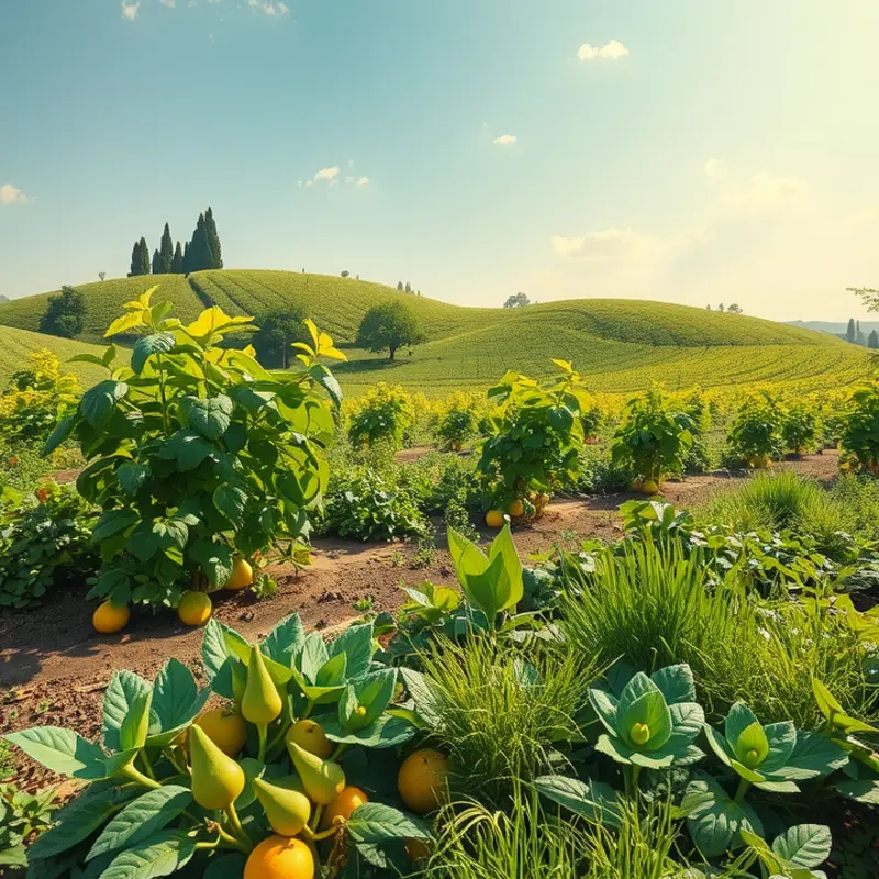 A serene landscape showcasing a variety of organic vegetables thriving under sunlight.