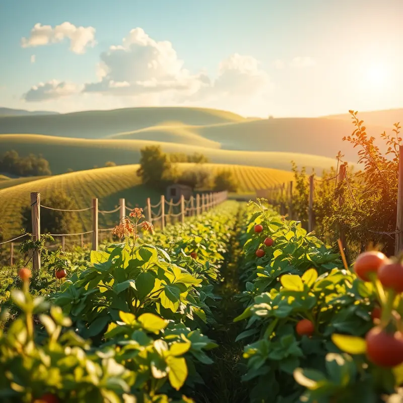 A sunlit orchard filled with vibrant fruits and vegetables, symbolizing natural abundance.