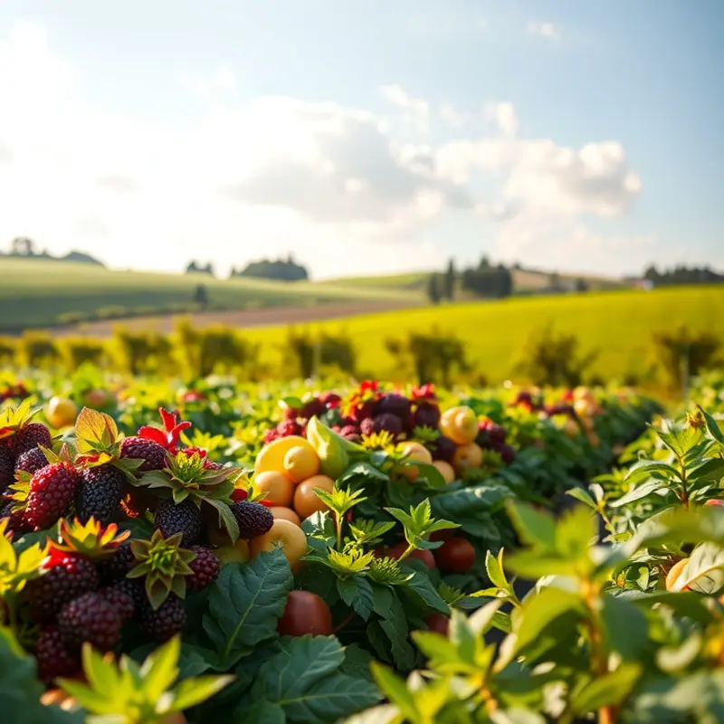 A scenic view of a sunlit orchard brimming with fresh produce.