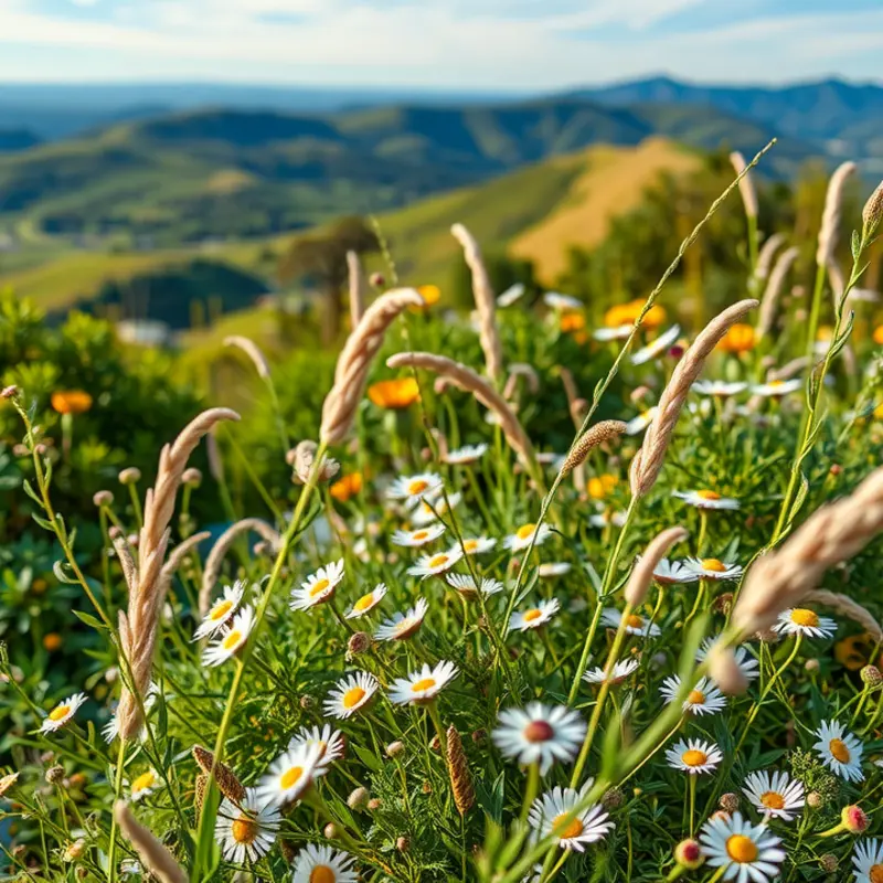 A serene field of chamomile flowers under the sun.