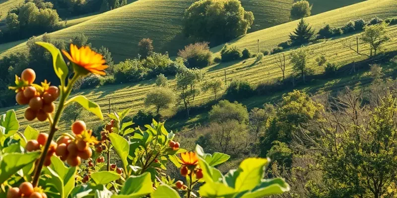 A vibrant landscape representing a sunlit orchard rich with fruits and vegetables, emphasizing the natural essence of cooking.