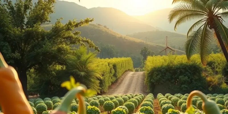 A beautiful, sunlit landscape featuring an array of fruits and vegetables in full bloom, showcasing the essence of natural health.