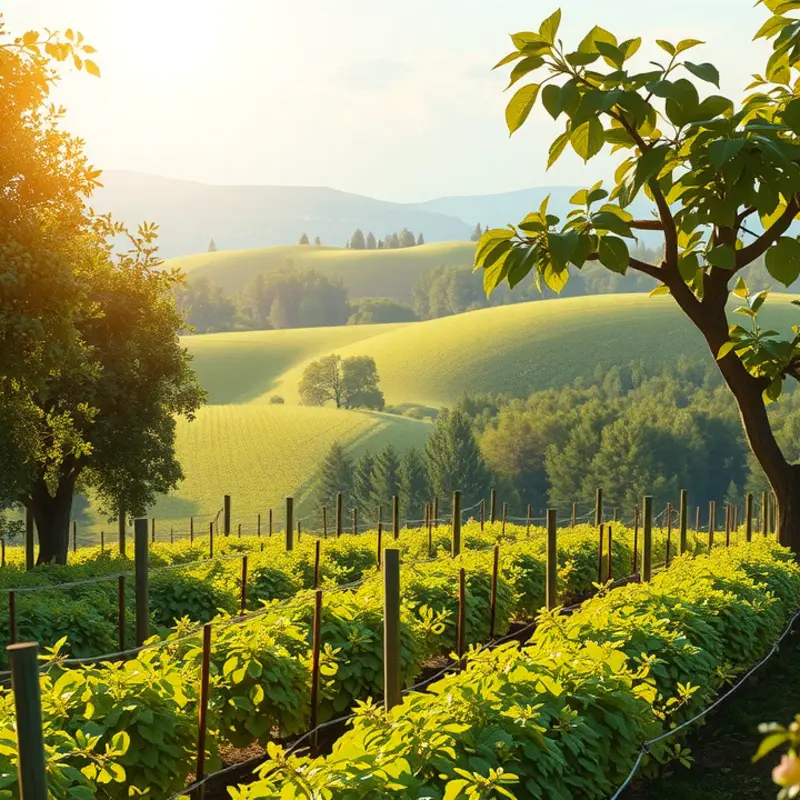 A serene nature scene showcasing vibrant fruits and vegetables growing in a sunlit field.