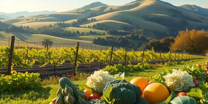 A lush landscape filled with fruits and vegetables, highlighting healthy living.