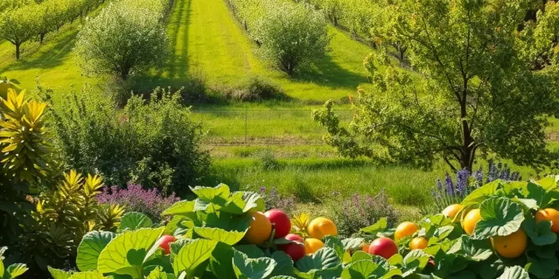 A sunny field filled with fruits and vegetables symbolizing healthy hydration.