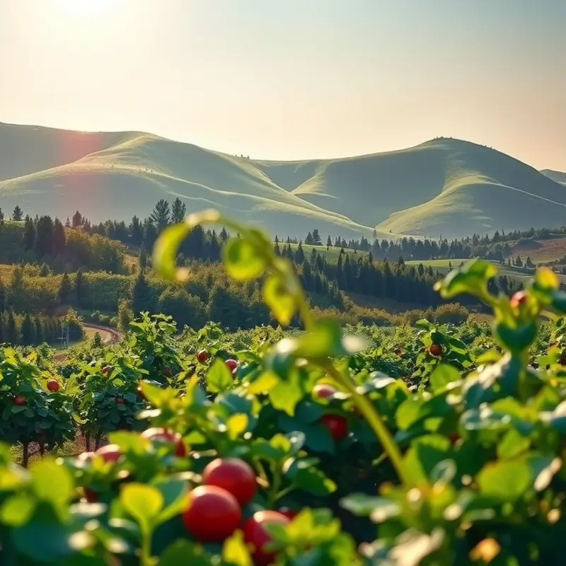 A scenic depiction of thriving organic produce in a tranquil, sunlit environment.