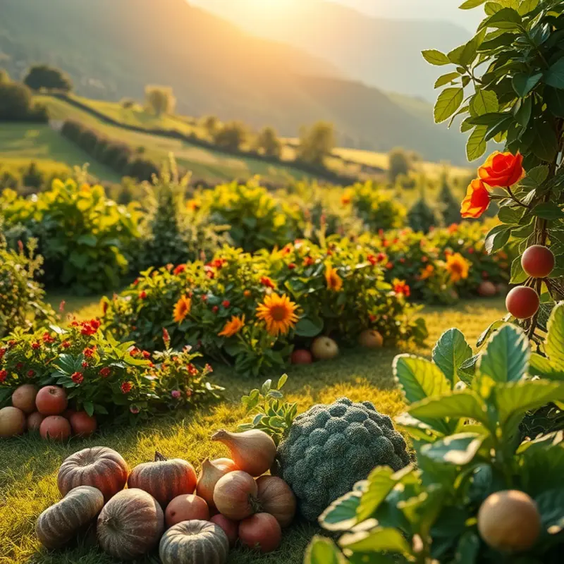 A sunlit field filled with vibrant fruits and vegetables, symbolizing fresh organic produce.