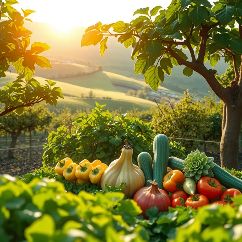 Vibrant vegetables and fruits in a sunlit field, highlighting the essence of steaming method ingredients.