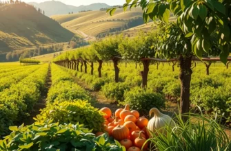 A beautiful orchard bursting with organic fruits and vegetables in soft sunlight.