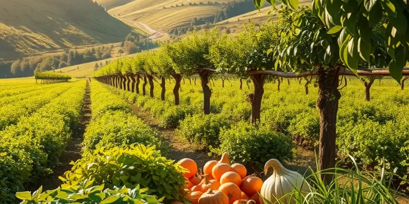 A beautiful orchard bursting with organic fruits and vegetables in soft sunlight.